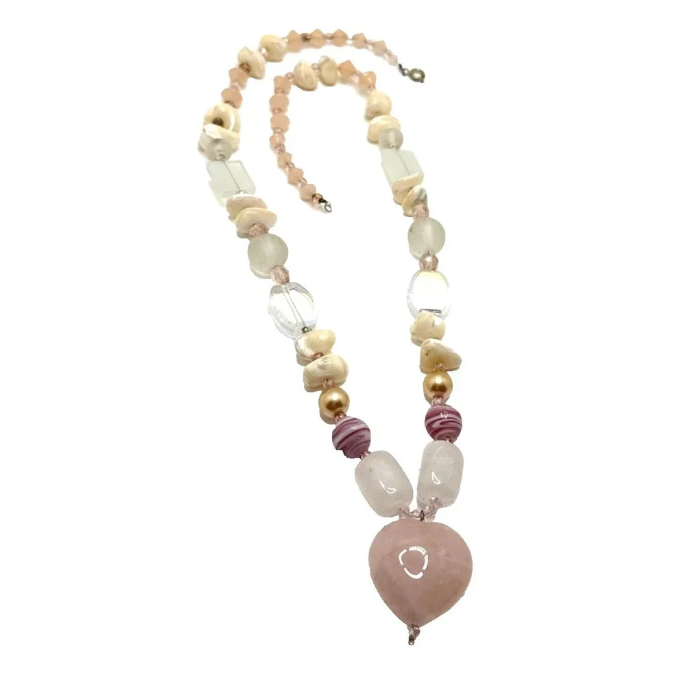 Rose Quartz Heart Pendant Necklace Stone Shell Glass Beaded Boho Statement 24